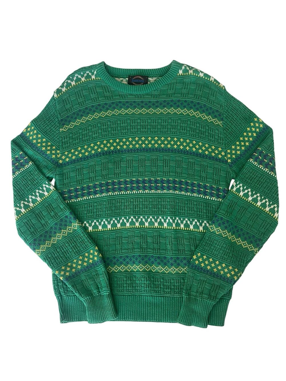 Vintage Jantzen Made in USA Green Patterned Knit  Grandpa Cozy Sweater Medium